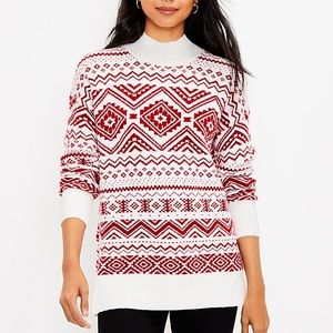 LOFT Red and White Snowflake Fair Isle Tunic Sweater
